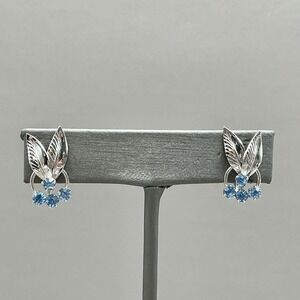 Carl Art Earrings Vintage Sterling Silver Blue Rhinestone Leaf Screw Back